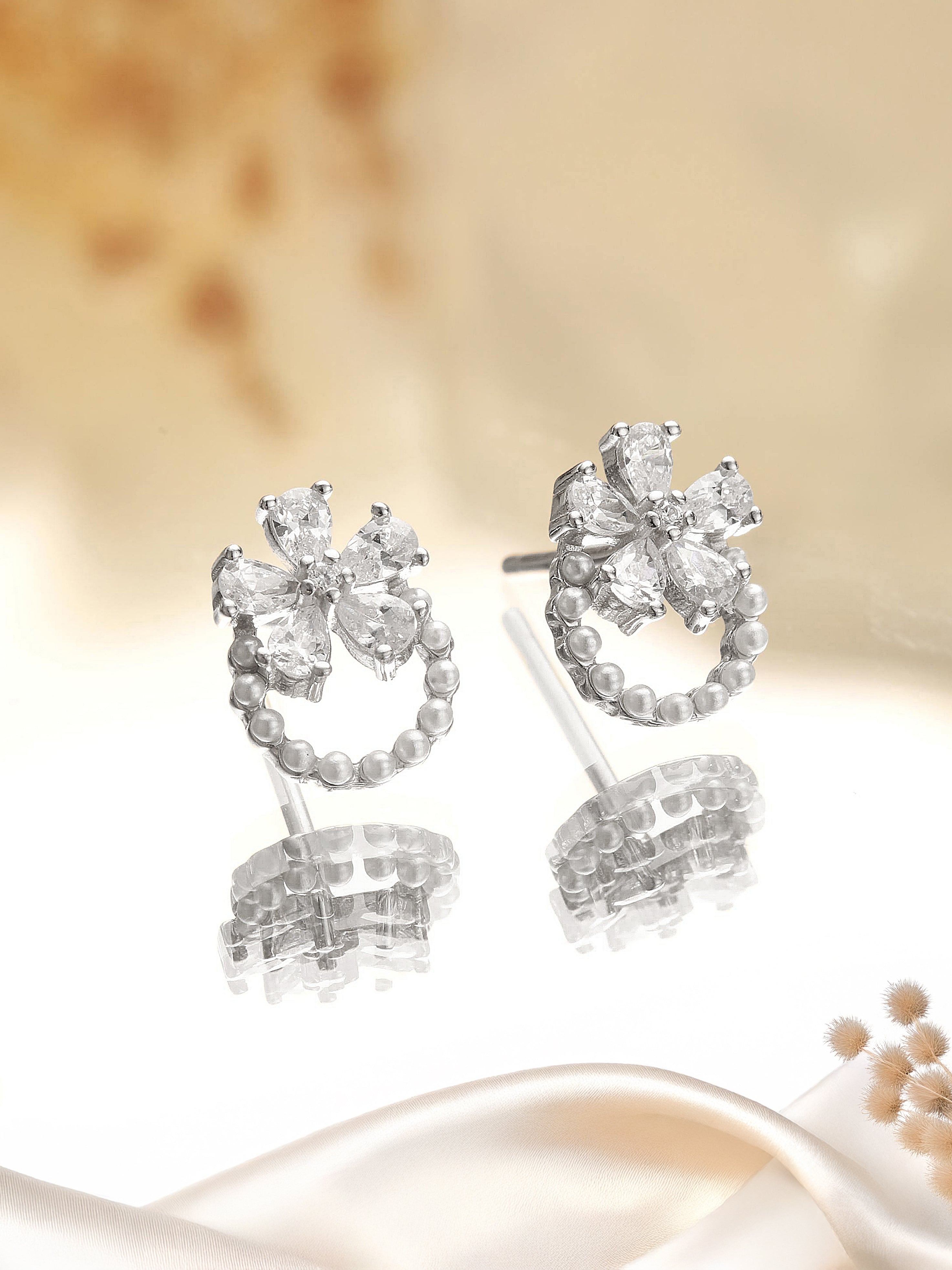 925 Sterling Silver Zircon & Pearl Embellished Floral  Minimal Studds Earrings